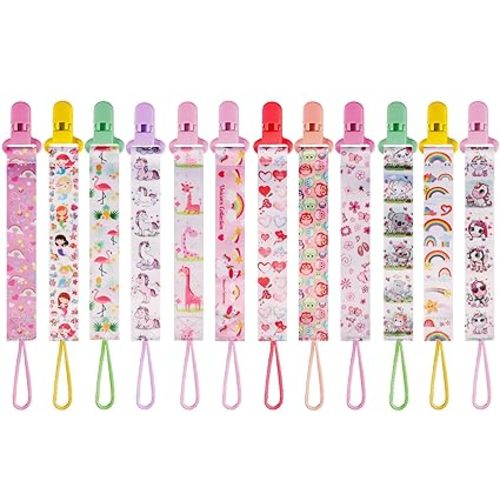 12 Pack Pacifier Clips with Strap 25.5cm - Premium Polyester Baby Pacifier Holder Set, Multi-Design Clips for Boys Girls （Multi Color C）