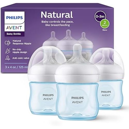 Philips Avent Natural Baby Bottles with Natural Response Nipples (Slow Flow, Flow 2), 4oz, Blue, 3-pack, SCY900/23