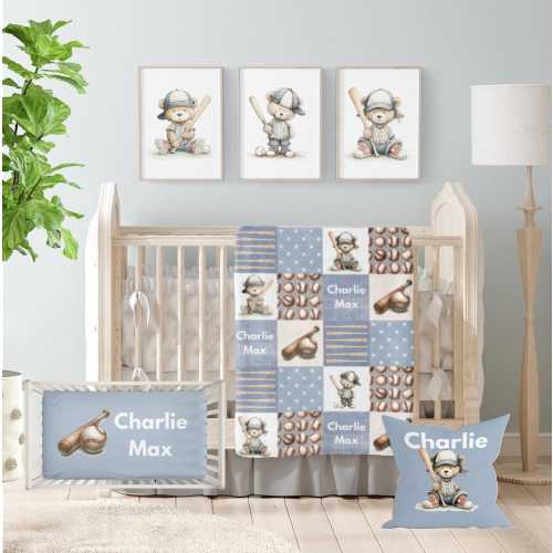 Vintage Teddy Bear Baseball Crib Bedding Set, Sports Nursery Decor, Personalized Baby Boy Shower Gifts