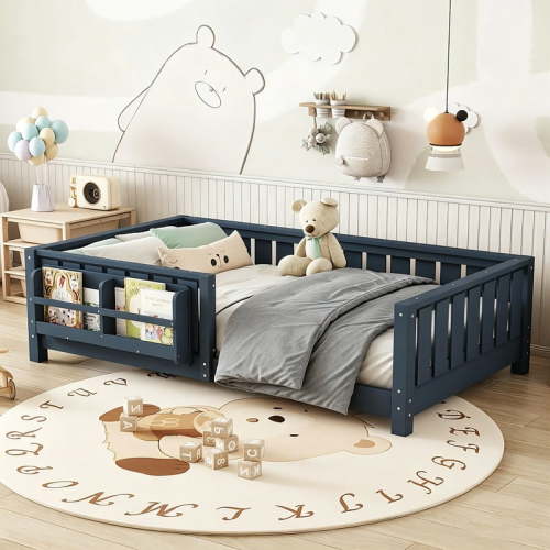 Bellemave Twin Montessori Floor Bed with Built-in Bookshelf, Twin Floor Bed with Full Safety Guardrails, Low-to-Floor Bed Frame with Slats, No Box Spring Needed, Easy Assembly, Blue