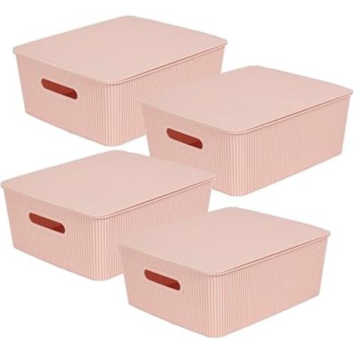 Glad Storage Baskets with Lids - Set of 4 Stackable Plastic Boxes with Handles - Decorative Shelf Organizer Bins for Bathroom and Closet, Pink, 3.1 Gallon