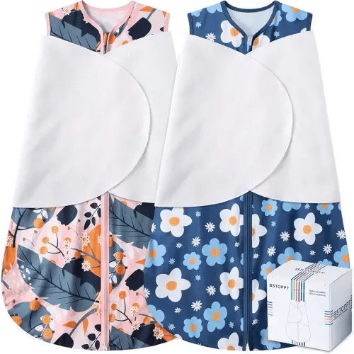 Newborn Sleep Sack Baby Swaddle,3-Way Adjustable Wearable Blanket,100% Rayon Cotton Swaddling Sleeping Bag，TOG 0.5 (Gerbera & Tulips, 6-12 Months)