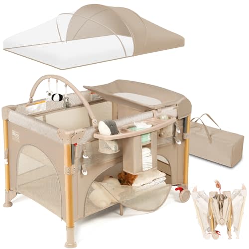 Baby Bassinet Bedside Crib for Travel with One-Hand Setup 5-in-1 Foldable Baby Playpen, Portable Pack and Play with Bassinet,Diaper Changer & Adjustable Mattress for Newborn to Toddler (Khaki)