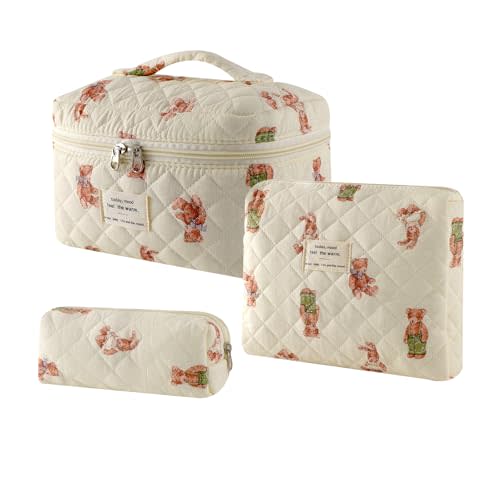 RSRSLEII 3Pcs Large Quilted Makeup Bag for Women and Girls(10 3pcs Bear) | Cute Aesthetic Bear Pattern Cotton Cosmetic Bag Set, Top Handle, Coquette Travel Organized Toiletry Bag