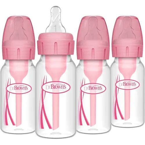 Dr. Brown's Natural Flow Anti-Colic Options+ Narrow Baby Bottle, 4 oz/120 mL, with Level 1 Slow Flow Nipple, Pink, 0m+, 4 Pack