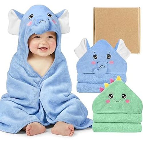 2 Pack Hooded Baby Towels Soft Absorbent Coral Fleece Baby Bath Towels with Animal Hood 32x32 Inch Toddler Bath Towel for 0-3 Years Newborn Baby Shower (Blue Elephant & Green Dinosaur)