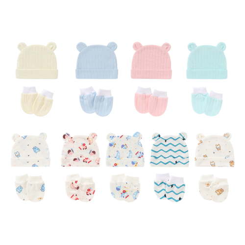 Visland 1/5 Set Newborn Baby Caps Mittens - Baby Caps Hats and Baby Scratch Mittens Gloves for Baby Toddlers Gloves Set Cute Pattern Face Protection Cotton Newborn babies Scratch Mittens for Summer
