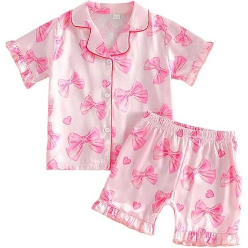 Kavousa Toddler Girls Birthday Pajamas Goose Print Tops Shorts Set Silk Sleepwear