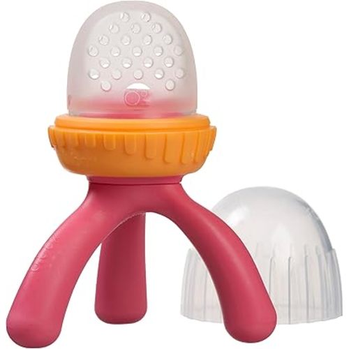 b.box Silicone Fresh Food Feeder | Ages 4 Months+ | Tripod Design Easy for Baby to Hold | Perfect for Fresh or Frozen Foods | Cap Included for On the Go | Dishwasher Safe (Strawberry Shake)