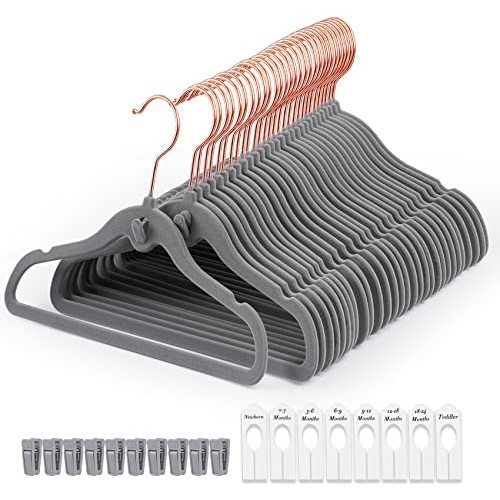 [Updated Hanger] HOUÍSM Baby Hangers Velvet 60 Pack Non-Slip Kids Hangers with 10 Finger Clips + 8 Baby Closet Dividers, Casading Desing Ultimate Space Saving for Children's Closet Organization, Grey