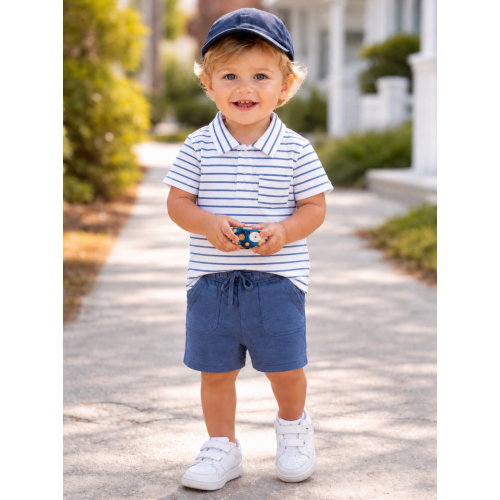 Polo Shirt & Everyday Short Set, Navy Stripe