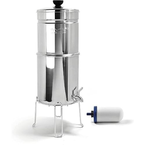 ProOne Traveler+ Stainless-Steel Gravity Filter System, 2.25-Gallon Water Capacity, Countertop Water Dispenser for Home & Travel with One 5” Filter & Wire Stand, Independently Tested Proven to Reduce