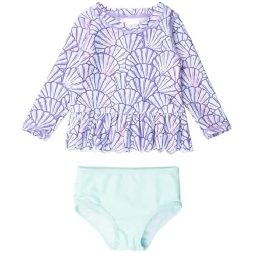 RuffleButts Baby/Toddler Girls Scalloped Long Sleeve Rash Guard 2-Piece UPF50+ Sun Protected Swimsuit