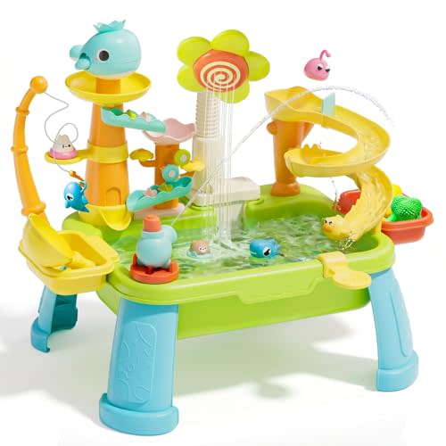 Upgraded 4-in-1 Sand Water Table for Toddlers 1-3, Kids Sensory Table with Electric Water Pump & Sun Flower Faucet, Play Kitchen Sink with Food Accessories, Fishing Toy ‒ Adjustable Height