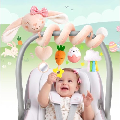 Stuffed Pink Bunny Spiral Car Seat Toys for Baby Girls 0-6 Months, Infant Stroller Toy with Plush Carrot & Star Teether Hanging, Baby Registry Search & Shower Gifts for Newborn Girls