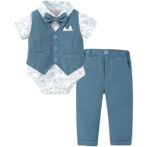 YALLET Baby Boy Clothes Suit Infant Boy Wedding Christening Outfits, 4Pcs Set Easter Baptism Outfits for Boys 0-24 Months