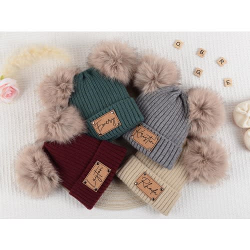 Personalized Kids Winter Beanie, Custom Name Baby Beanie, Engraved Leather Patch Pompom Beanie, Adults Beanies Hat, Children's knitted hats