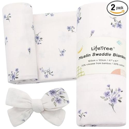LifeTree Baby Muslin Swaddle Blankets for Boys & Girls, Newborn Swaddle Set with Matching Headband Bow, Infant Blanket Wrap, 47 x 47 inches, Purple Flower, 70% Viscose from Bamboo and 30% Cotton