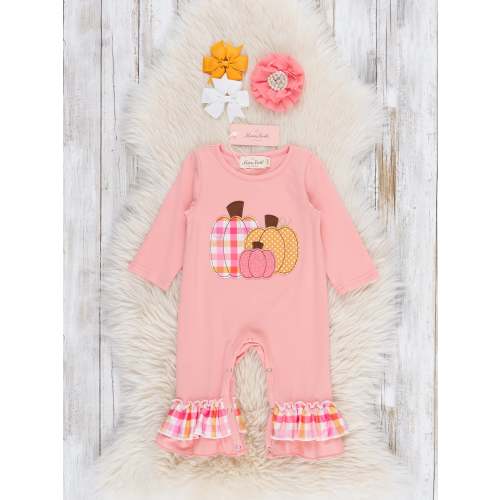 Pumpkin Plaid Ruffle Romper, Size 6-12 Months
