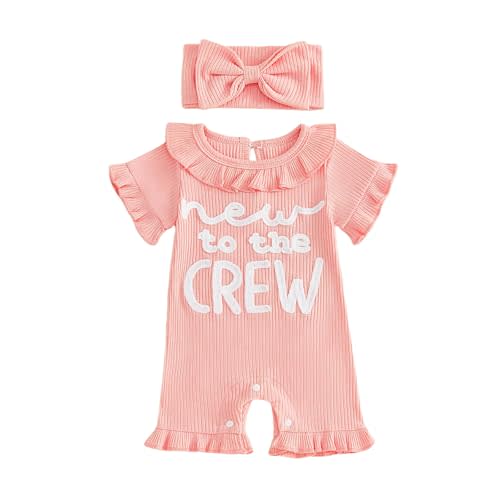allshope Newborn Baby Girl Summer Outfit Romper Letter Embroidery Ruffle Trim Doll CollarJumpsuit Bodysuit Infant Clothes