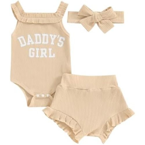 Sejardin Newborn Baby Girl Summer Clothes Letter Print Ruffle Sleeveless Ribbed Romper and Floral Shorts Infant Outfit