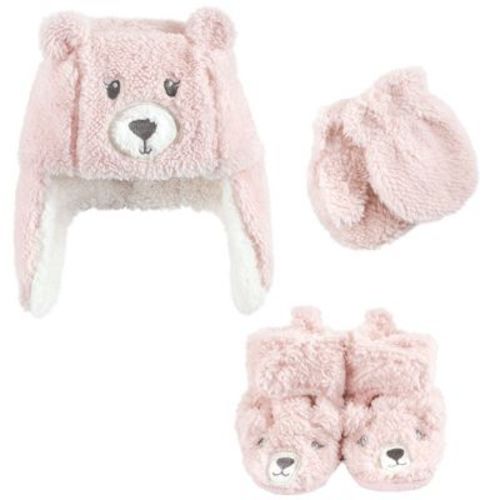 Hudson Baby Infant Girl Trapper Hat, Mitten and Bootie Set, Pink Bear