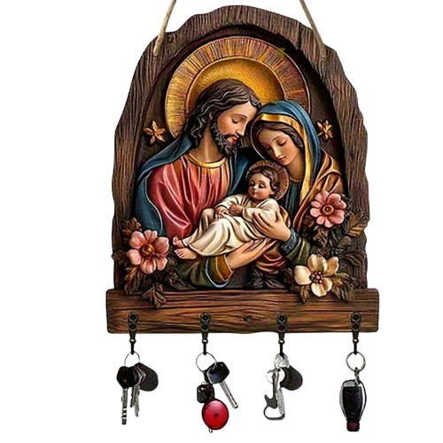 Wooden Key Holder, Christmas Nativity Scene Wall Key Holder, Decorative Wall Mounted Key Rack with 4 Hook, 2D Flat Communion Themed Wooden Multifunctional Home Holder, 11.8 x 9.8 inch