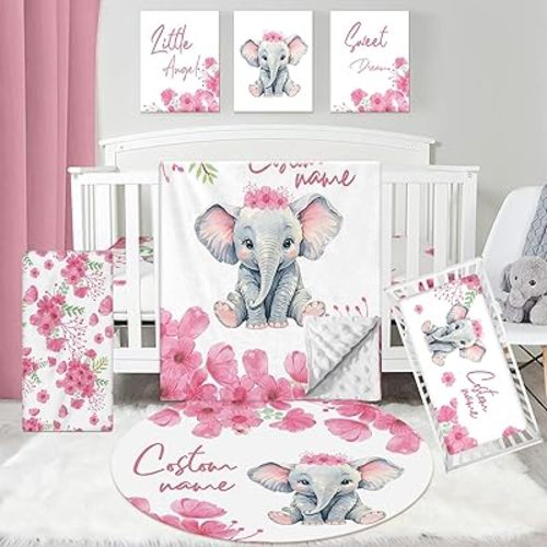 Personalized Baby Crib Bedding Set: 5 Piece Custom Gift Calf Elephant Cow Crib Bed Set with Name,Nursery Bedding Set for Toddler Girls Crib,Infant Boys Crib Sets, Floral Crib Bedding Gifts(Fixed Size)