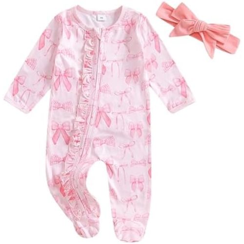 Newborn Baby Girl Bow Heart Footies Romper Long Sleeve Sleeper Headband Zip Up Footed Overalls Coming Home Outfits