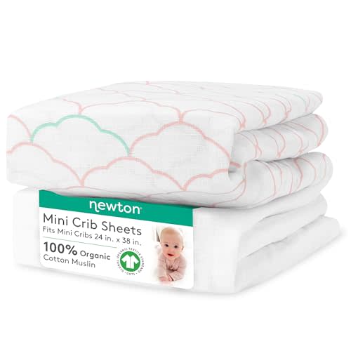 Newton Baby Fitted Mini Crib Sheets (2-Pack) | Organic Muslin Cotton, Breathable & Soft Baby Sheets, Washable Baby Mattress Sheets, Fits Mini Crib Mattresses 24" x 38", Dreamweaver Coral & Plain White