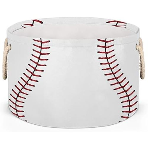 Baseball Lace Large Round Storage Basket Collapsible Circle Storage Bin Laundry Hamper With Handle for Kids Toy Blanket Dirty Clothes Towel Living Room Nursery Storage Organizer