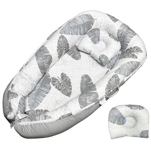 JIFTOK Baby Nests Lounger for Newborn, Snuggle Bassinet for 0-24M, Breathable Portable Co Bed, Baby Essentials Adjustable Infant Soft Cotton Loungers for Home & Travel -Leaves