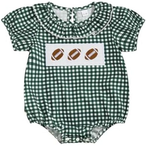 Newborn Baby Girl Football Outfit Smocked Bubble Romper Rugby Short Sleeve Plaid Bodysuit Infant Summer Clothes