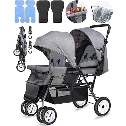 Double Stroller for Infant Toddler, Foldable Double Baby Stroller with Tandem Seating and Adjustable Backrest - Extra Gift Toys/Mosquito Net/Sleeping Mats/ 2 Hooks/ 2 Cotton Pads（Grey）