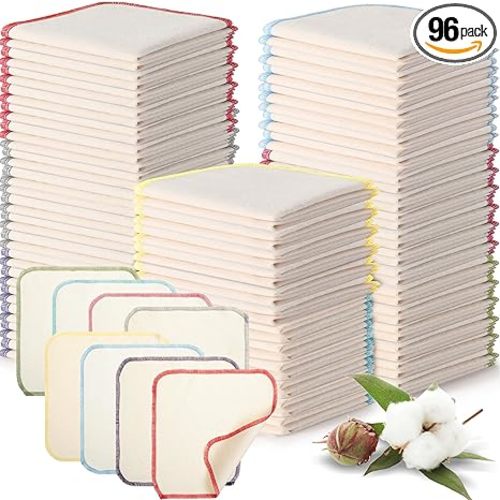 Mixweer 96 Pcs Flannel Cloth Baby Wipes Reusable Baby Diapers Wipes Washable Natural Unbleached Face Wipes Soft and Sturdy Cloth Wipes 8 Colors Outer Stitching 8 x 8 Inches