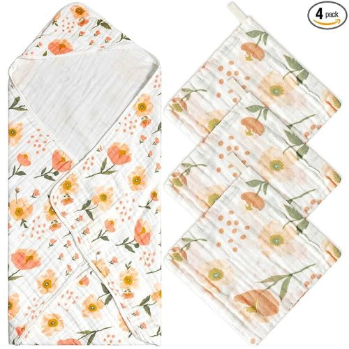 Zainpe 4Pcs Muslin Baby Hooded Towel & Washcloth Set, Spring Flowers Soft Absorbent Cotton Bath Hand Towels Infant Shower Gifts for Newborn Toddler Boys Girls Feeding Teething Sleeping 31.5 X 31.5 in