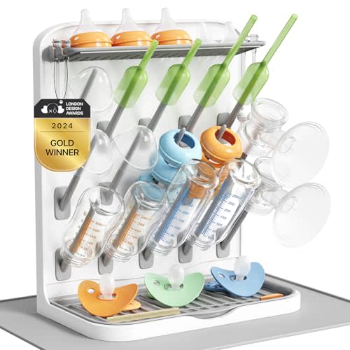 Lifewit 15-Hooks Baby Bottle Drying Rack with Drain Mat for Countertop | Vertical Bottle Storage Organizer, Stand-Up Dryer Holder for Pacifiers, Pump Parts, Baby Stuff, Newborn Essentials Must Haves
