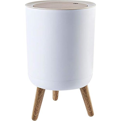 Nordic Style Trash Can (1-Pack) - Push Top Trash Can with Lid - 14.3" x 8.7" White Top Spring Waste Basket - Modern Garbage Can - Round Trash Bin w/ Legs - Kitchen/Bathroom Trash Can I 1.8 Gallon - 7L