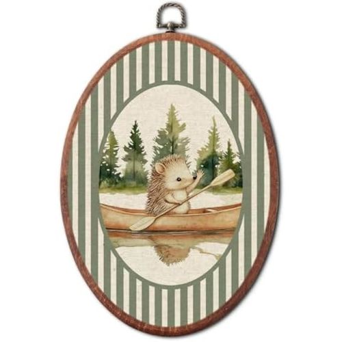 VALTRIXA Vintage Hedgehog Canoe Nursery Oval Wall Art, Retro Woodland Animal Decor Wall Art Hanging Decor, Green Striped Canvas Prints Framed for Bedroom Playroom Decoration, 8.6x11.4 Inch