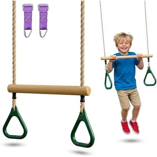 Wooden Trapeze Swing Bar for Kids - 18" Adjustable Height Monkey Bars Rings Swingset Accessories - Ninja Warrior Obstacle Course for Kids - Jungle Gym Accessories Playground Attachments