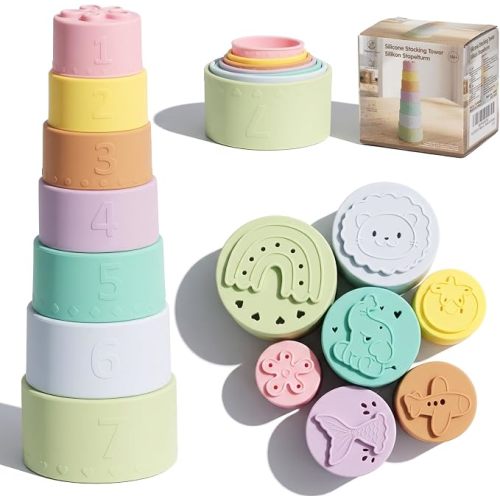 WOODENFUN Baby Stacking Cups Toy, Silicone Soft Teething Educational Toys