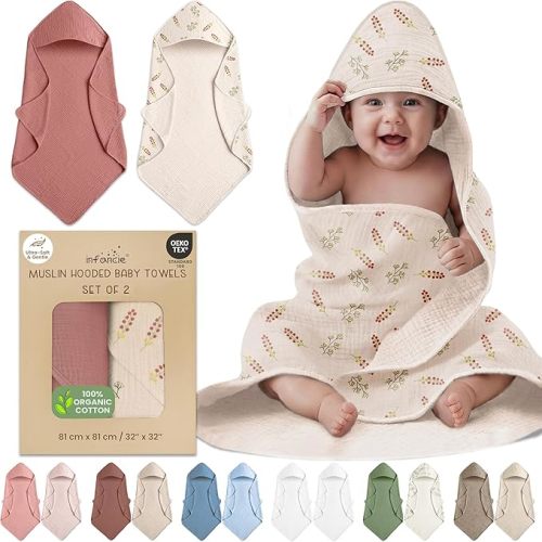 100% Organic Cotton Muslin Baby Hooded Towels 32x32 Inch – 2 Pack Soft & Absorbent Baby Hooded Towel Wrap for Boys & Girls, Premium Hooded Towels, Gentle Baby Essentials in Deep Olive/Ivory