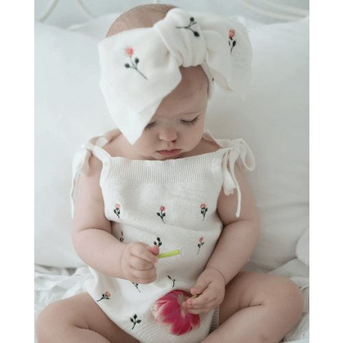 Floral Embroidery Romper + Bow - White
