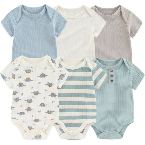Baby Bodysuit 6 Pack Soft Mixed Ribbed Short Sleeve Romper Infant Boy Girl Clothes Set