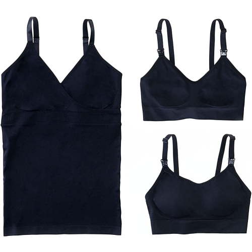 Ingrid & Isabel Basics Crossover Cami, Nursing and Drop Cup Bras Bundle, 3-Pack, Comfortable, Wireless Support, Black