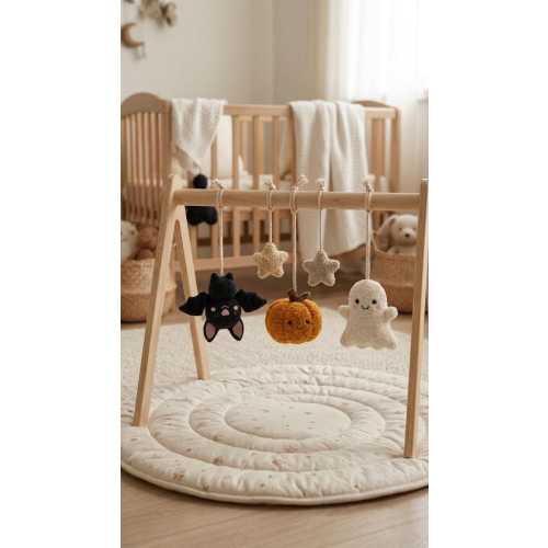 Halloween Baby Gym Toys Boucle, Hanging Sensory Toys Wooden Activity Gym, Pumpkin Bat Ghost Star Plush Mobile, Autumn Neutral Nursery Decor