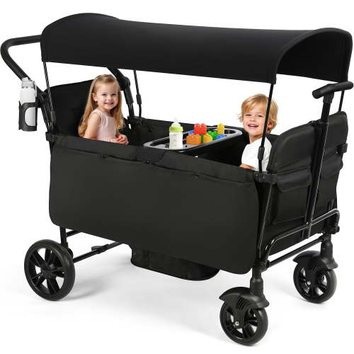 Vomeast Wagon Stroller for Kids, Spacious 2-Seater Stroller Wagon with Adjustable Canopy, Pull & Push Handle, 5-Point Harness, Foldable for Toddlers, Black