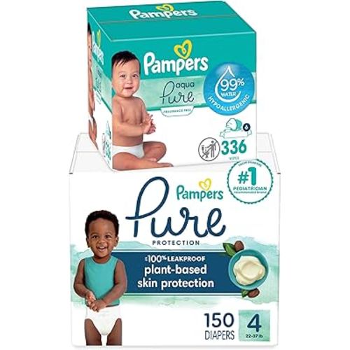 Pampers Pure Protection Disposable Baby Diapers Size 4, One Month Supply (150 Count) with Aqua Pure Baby Wipes, 6X Pop-Top Packs (336 Count)