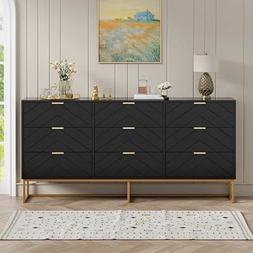 Scurrty 59" Large Chest of Drawers, Storage Cabinet 9 Drawer Dresser with Lines, Black Dressers with Storage,Dressers for Living Room, Bedroom