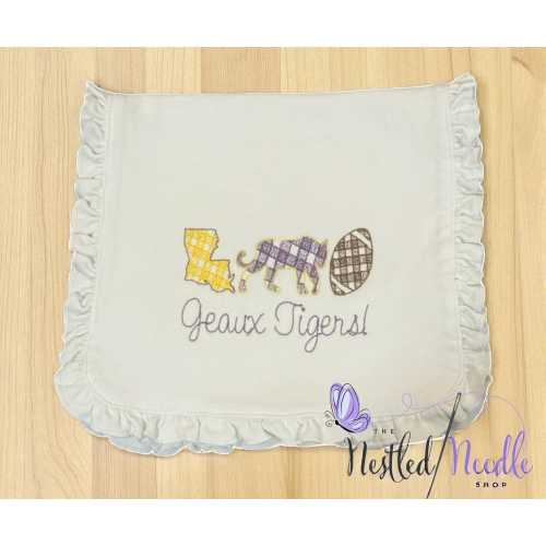 LSU Tigers Embroidered Girls Baby Bibs and Burp Cloth Set/LSU Football Personalized Girl Baby Bib and Burp Cloth Set/LSU Gingham Baby Bibs